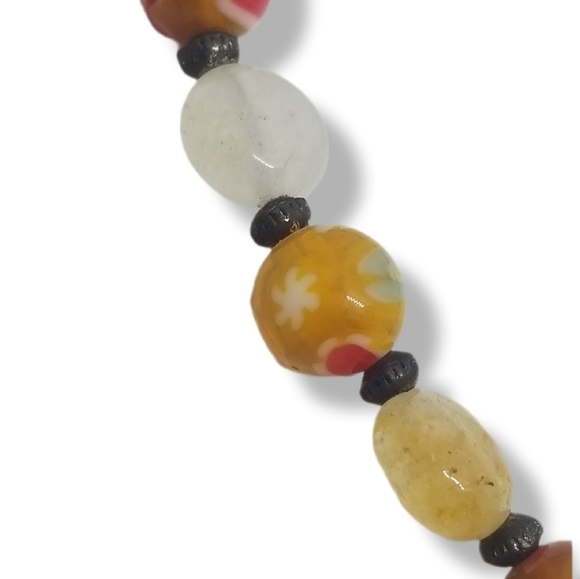 VINTAGE MILLEFIORI FLORAL DESIGN GLASS BEAD & CITRINE GEMSTONE BEAD NECKLACE - Picture 4 of 6